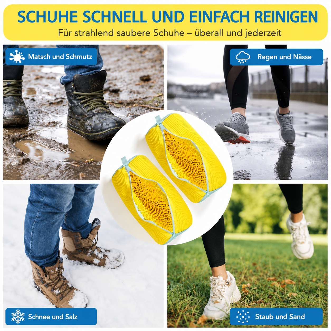 Robuste Schuhwaschmaschinentasche für alle Schuharten – Gelb mit blauem Reißverschluss, ideal für Turnschuhe und Freizeitschuhe, Wäschewaschbeutel