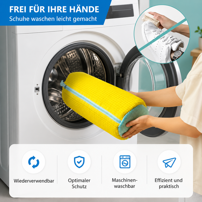 Robuste Schuhwaschmaschinentasche für alle Schuharten – Gelb mit blauem Reißverschluss, ideal für Turnschuhe und Freizeitschuhe, Wäschewaschbeutel